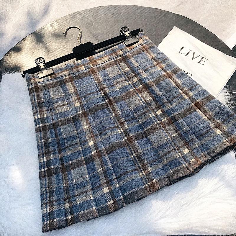 Nowa tweedowa plisowana spódnica w kratę z wysokim stanem, w kształcie litery A, cienka, w dużym rozmiarze, pół ciała