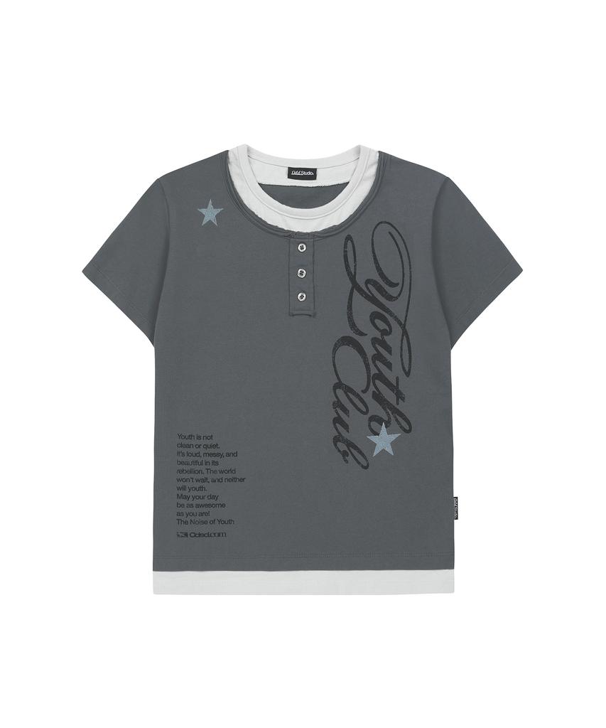 ODDSTUDIO Cutoff Star Layered Henley Neck Graphic T-Shirt - Light Charcoal