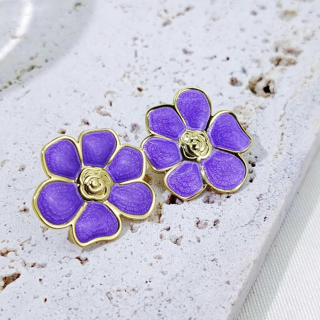 French Retro Flower Oil Drip Five-Petal Earrings for Women