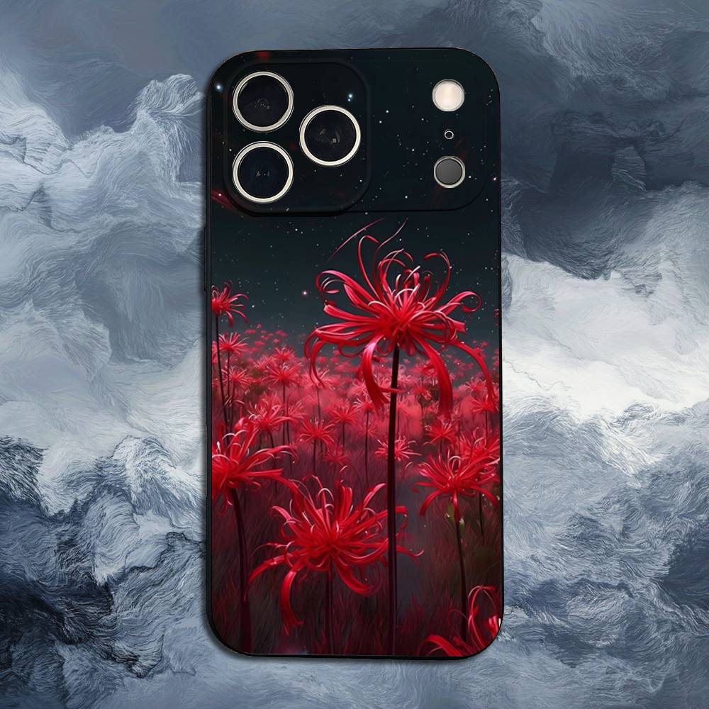 Red Spider Lily Flowers Case For iPhone 12,14,15,16,11,17,13,X,Mini,SE,XS,Plus,Pro,Max,8,7,XR,Soft Silicone Black