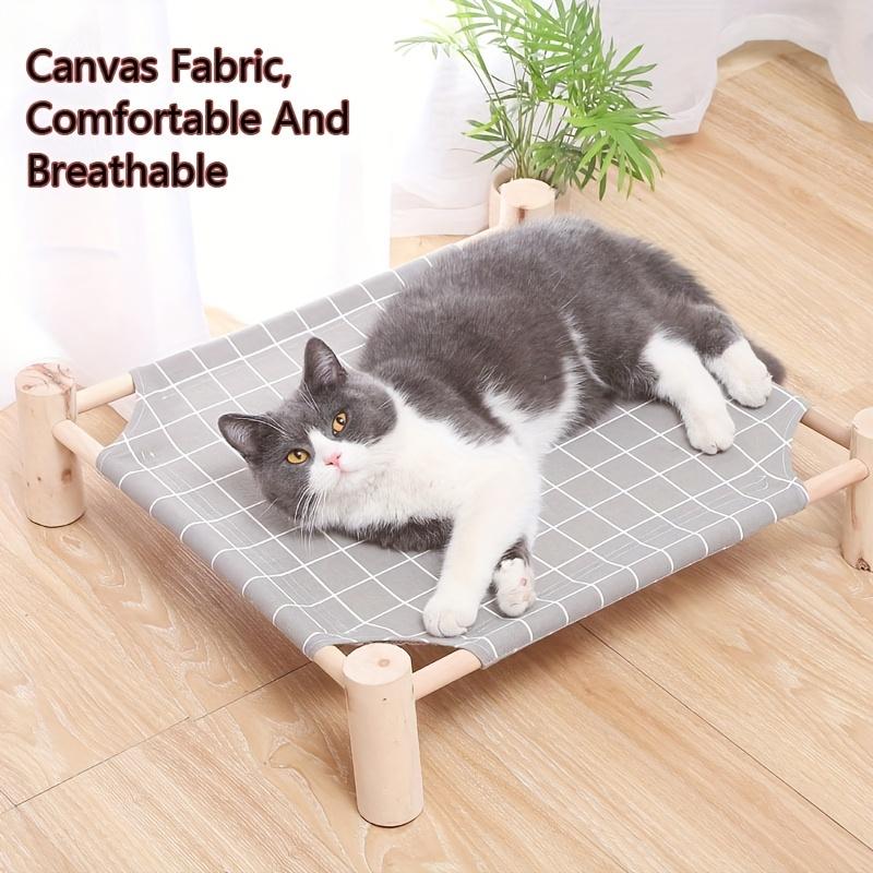 Elevated Wooden Cat Hammock Bed with Removable Gray Grid Fabric - Cooling, Washable Pet Lounger for Indoor/Outdoor Use, Ideal for Cats & Small Dogs