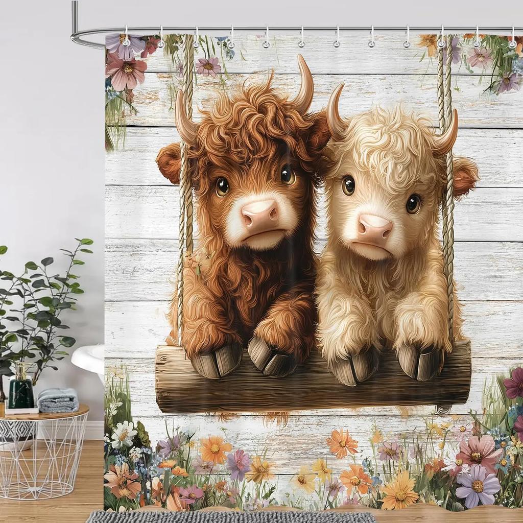 Cute Highland Cow Shower Curtain for Bathroom, Farmhouse Rustic Cow Animal Bathing in Bathtub Shower Curtains Decor Set