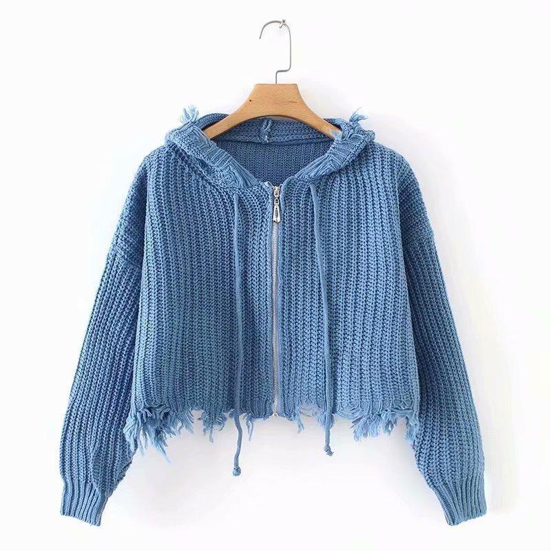 Women S Solid Color Hooded Knit Cardigan Zip Sweater Coat Loose V Neck Autumn Winter