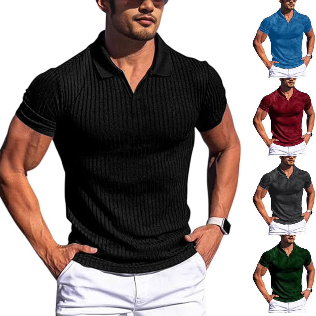 Flip Collar  V-Neck  Vertical Stripes  Short Sleeves  T-Shirt