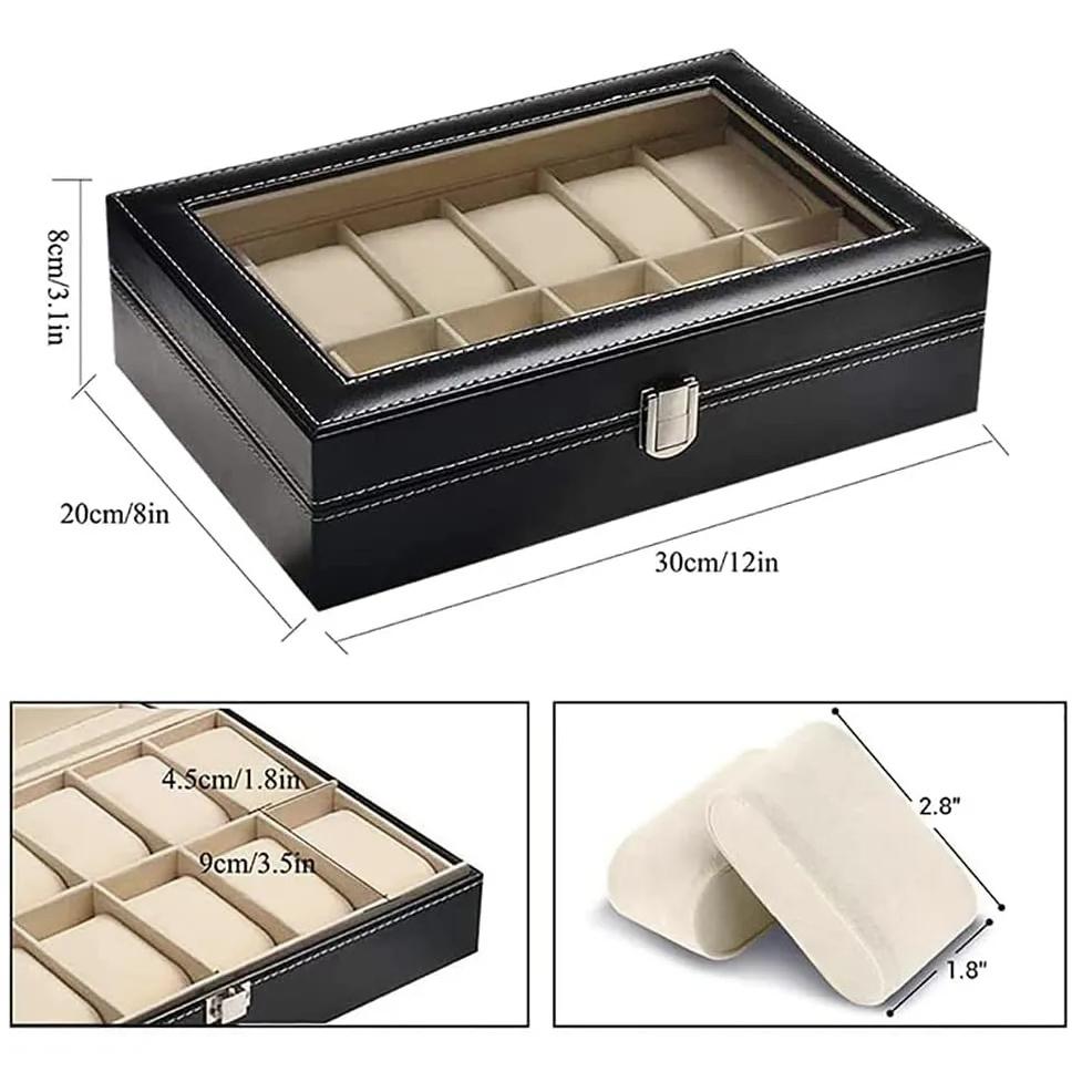 12 Fächer, Leder-Uhrenbox, Vitrine, Halter, schwarze Aufbewahrungsbox, Glas-Schmuck-Organizer für Männer und Frauen, tolles Geschenk