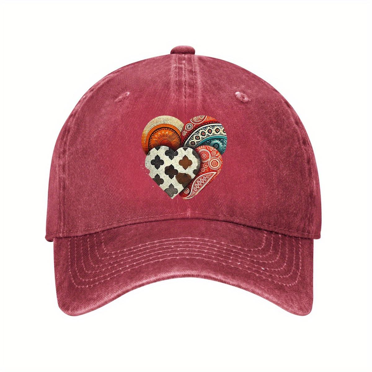 

Boho Heart Print Baseball Cap Distressed Cotton Dad Hat Casual Adjustable Unisex One Size