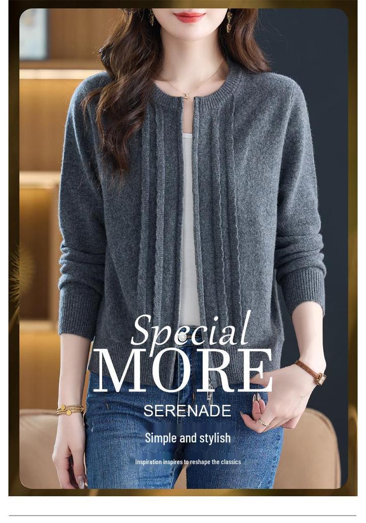 New Women's Loose-Fit Pure Wool Zipper Cardigan - Spring/Autumn