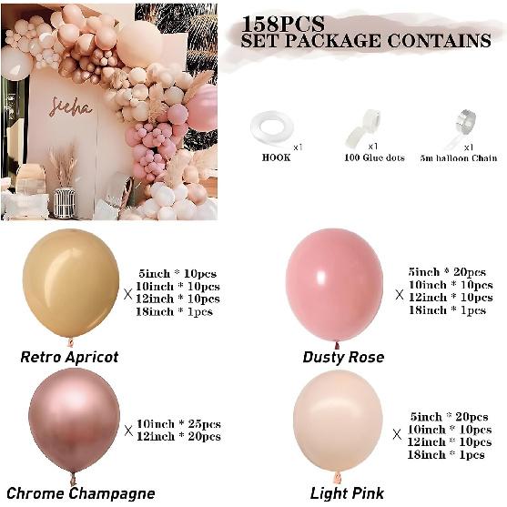 YSF 158Pcs Dusty Rose Light Pink Balloon Garland Kit Boho Arch with Retro Apricot Chrome Champagne Balloons for Valentines Day Decorations Baby