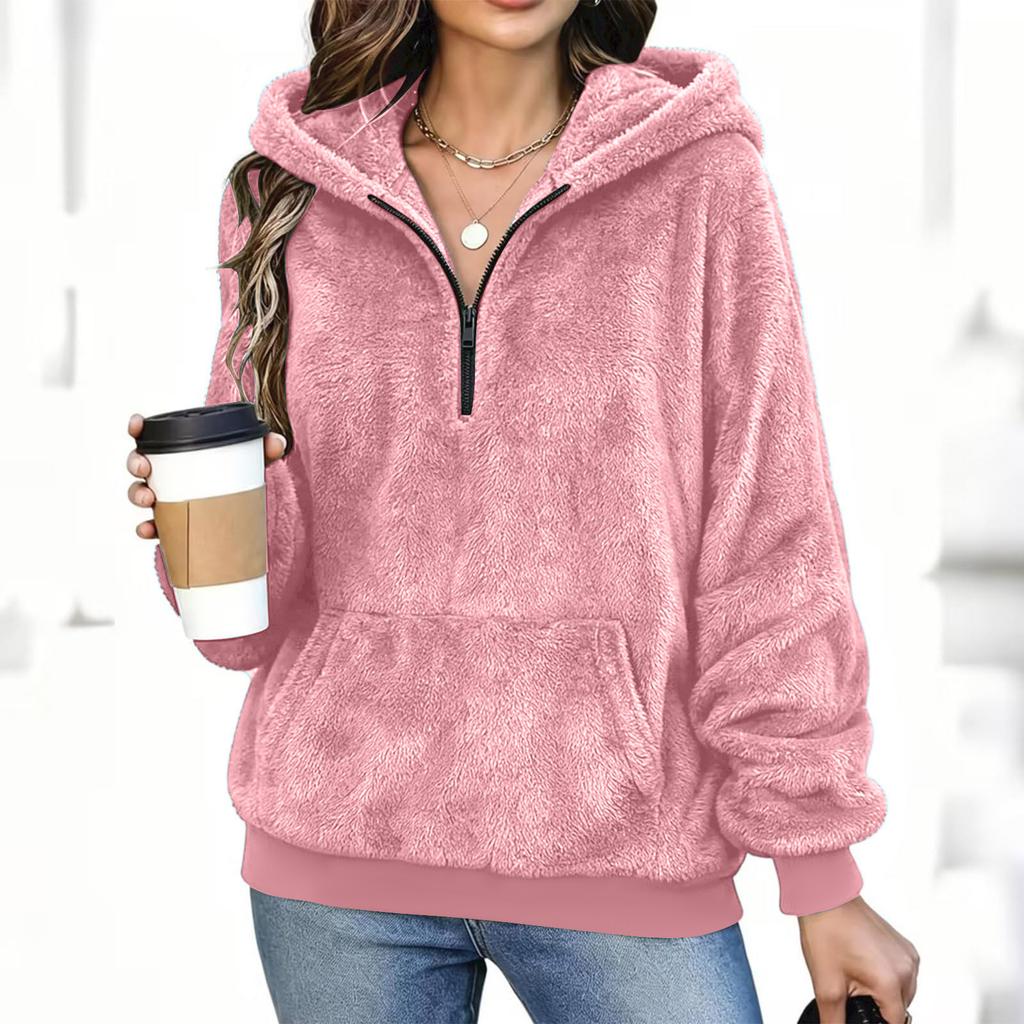 Women's Flannel Half-Zip Hooded Sweatshirt for Fall and Winter Casual Wear