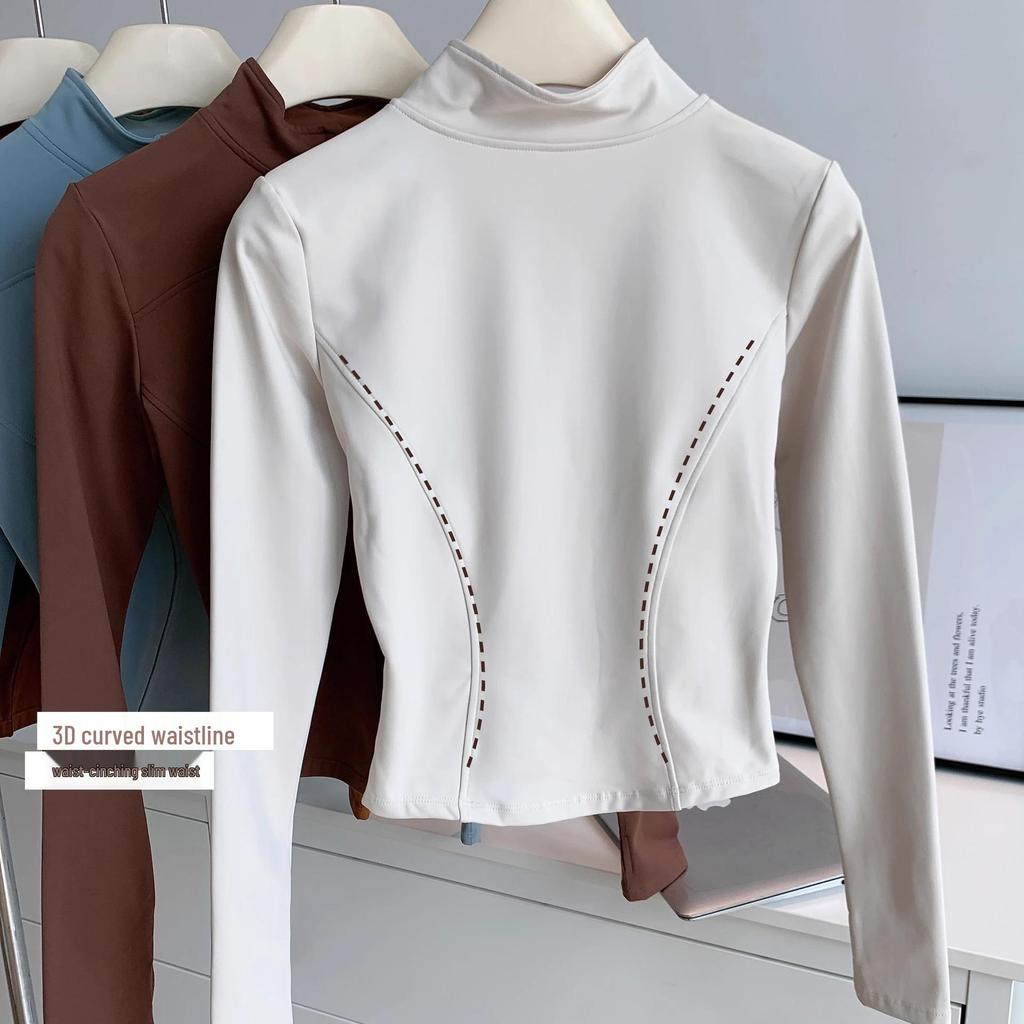 Women's Breathable Slim-Fit Sports Jacket: Autumn/Winter Yoga & Cycling Wear, Long Sleeve, Stand Collar, Plus Velvet.