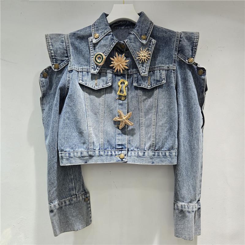 

Европейская весна 2026: Элегантная джинсовая женская куртка с открытыми плечами и высокой талией One Size синий