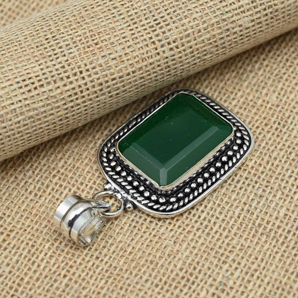 Grüner Onyx-Edelstein, 925er-Sterlingsilber, handgefertigter Schmuck, Jahrestagsgeschenk-Anhänger