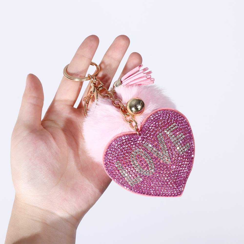 Decoration for Women's Bags Rhinestone Keyrings Rhinestone Heart Bag Pendant Pompom Keychains