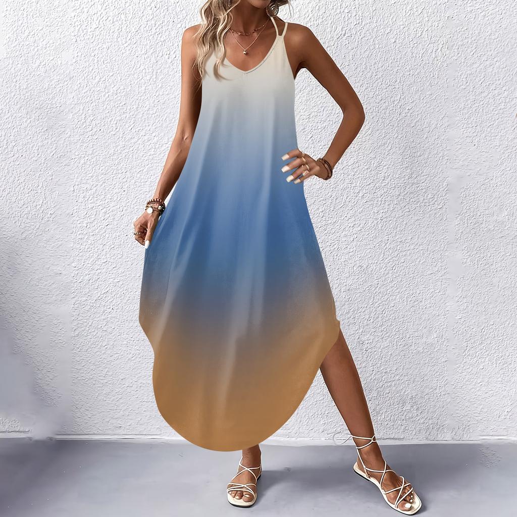 Women's Fashion Casual V-neck Sleeveless Dresses Print Dresses Beach Long Dresses