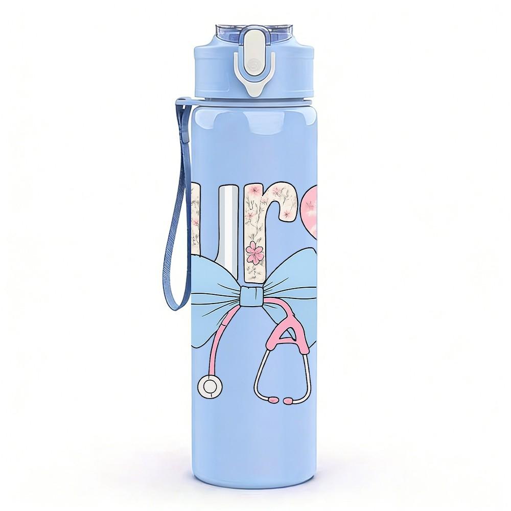 1PC Bling Nurse Bow Letter 750ml Color Plastic Sports Water Bottle Leakproof Flip Straw Lid Suitable for Sports Office Home Use