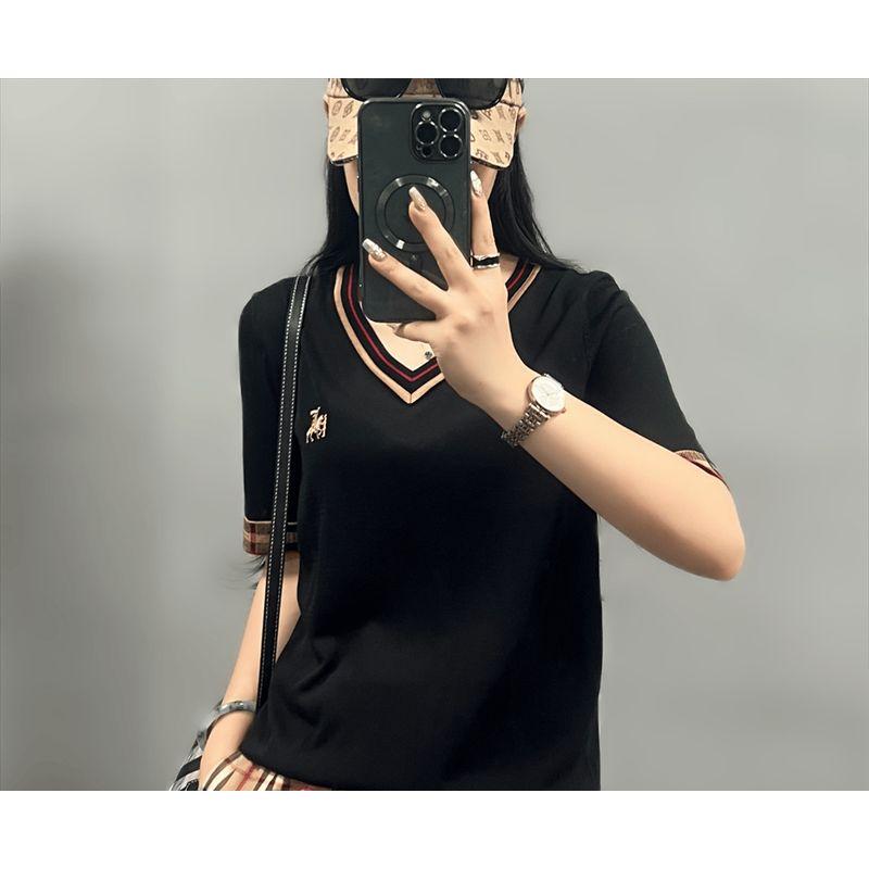 

Summer New Arrival Fashion Elegant V Neck Tencel Trendy Easiest for Match Short Sleeve Knitwear Middle-Aged T-shirt Classy Red Tops Black L