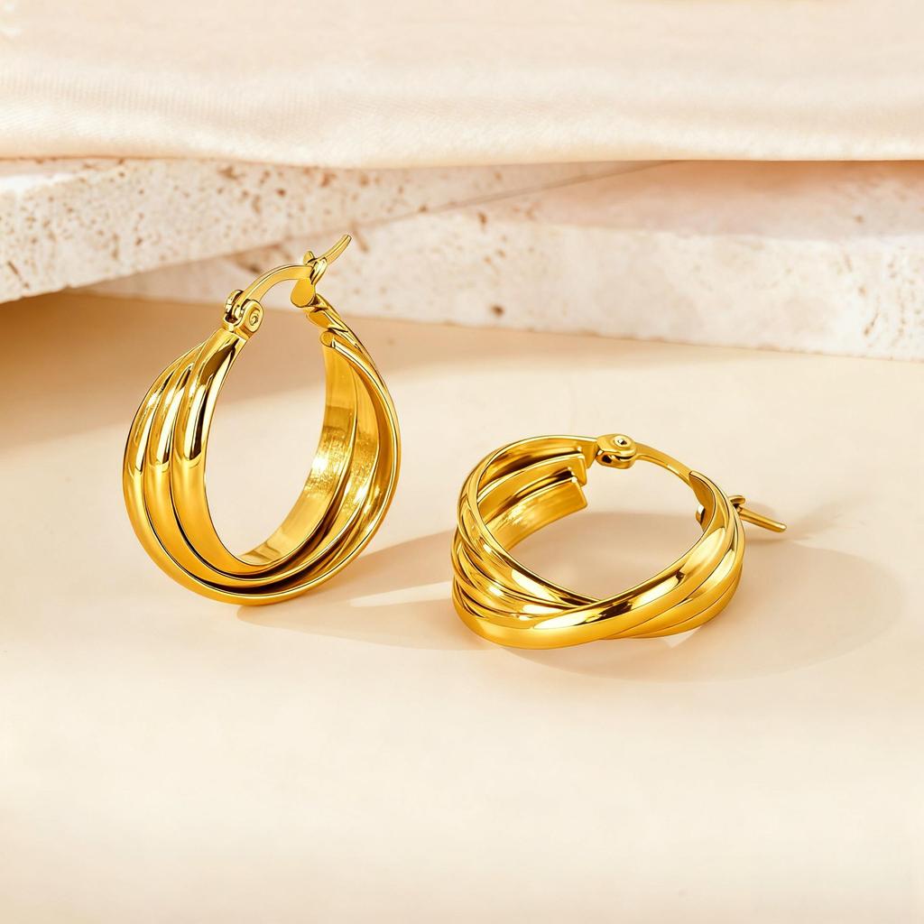 Gold Titanium Steel Multilayer Hoop Earrings - Light Luxury, Colorfast, High-End Feel