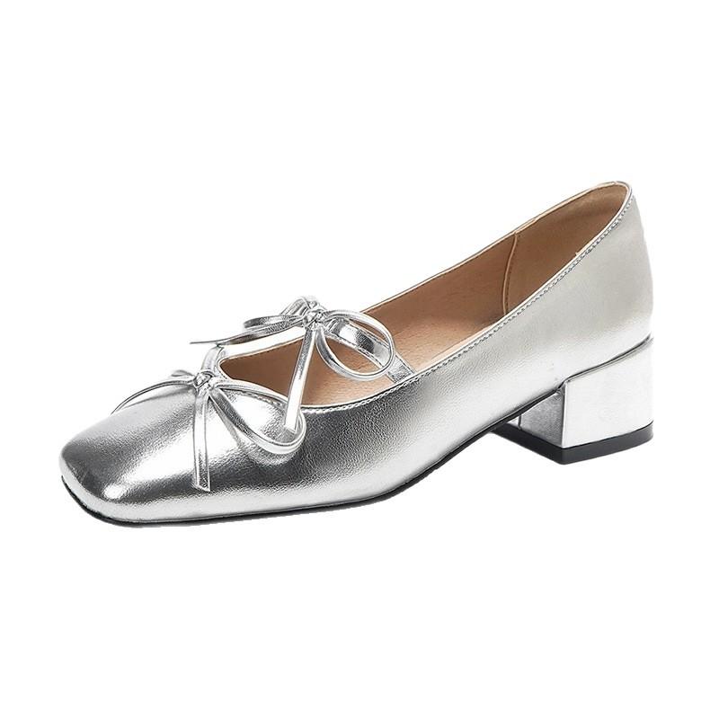 2025 autumn ballet shoes square head bow light mouth thick heel outer wear silver versatile temperament Mary Jane single shoes