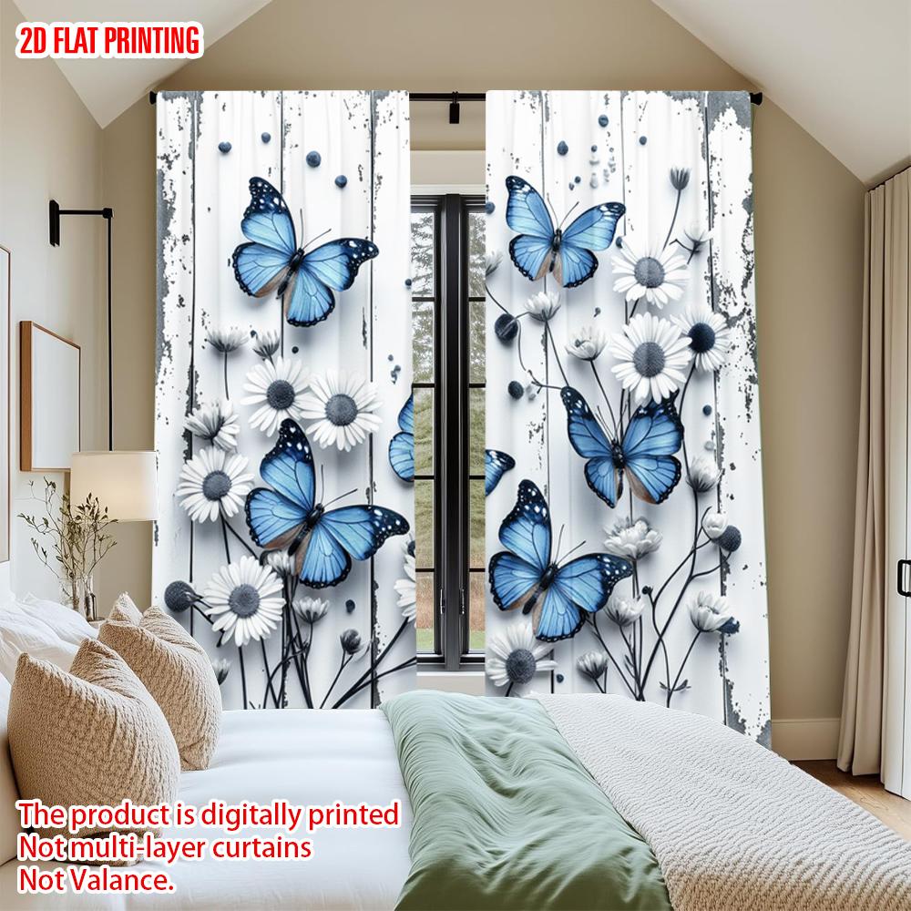 Set Of 2 Flat Printing Drapes Blue Butterfly Daisy Swirls Digital Printed Polyester All Season Party Holiday Decor Use Curtains Made