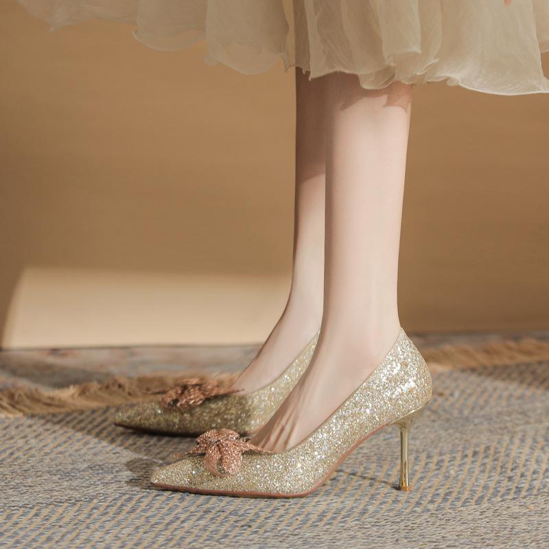 High Heels Are Not Tired of Feet, Silk Sequins, Flower Shoes, Thin Heels, Women's Shoes, Versatile Pointed Single Shoes, Sandals, Women's Summer