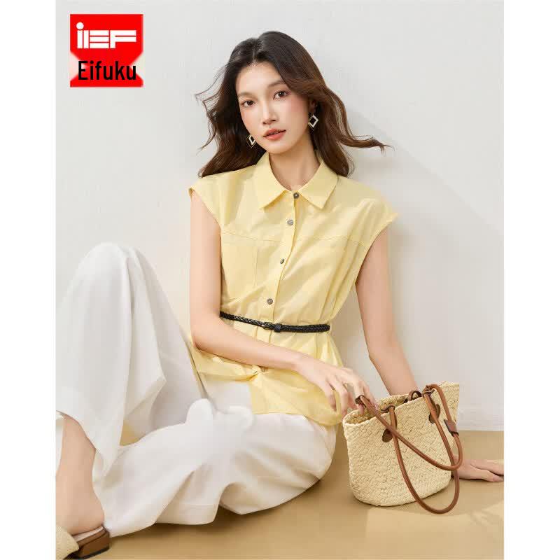 IEF 2026 Summer Lapel Waist-Cinching Sleeveless Shirt Set S