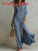 Elegant Long Sleeve Pleated Dress With Slit For Casual And Business Wear