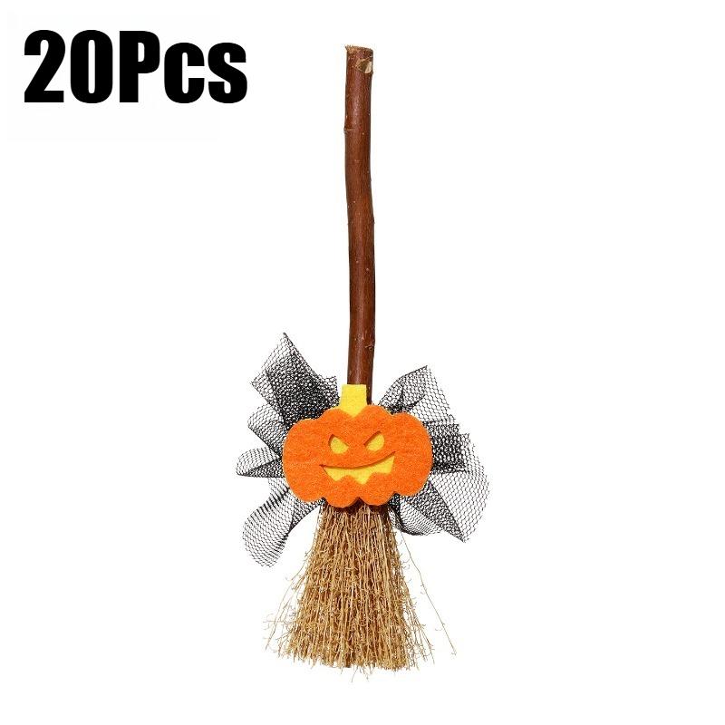 20Pcs 14cm Mini Witch Broom Halloween Decorations Straw Bamboo Handmade Ornaments for Halloween Party DIY Craft Decor Supplies