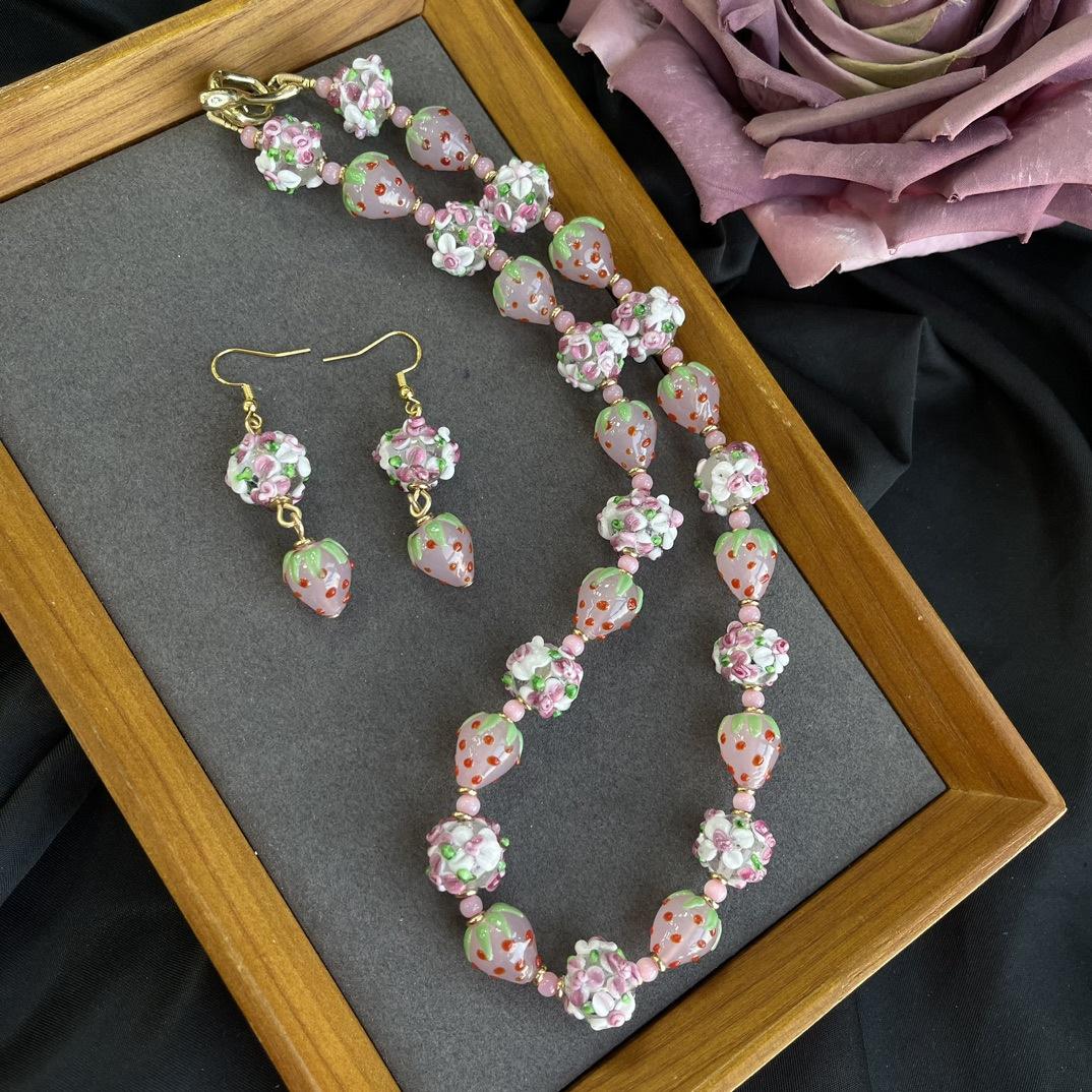 Розово-Ягодный Милый Белый Муранское Стекло с Розовой Клубникой Ожерелье, Серьги earrings