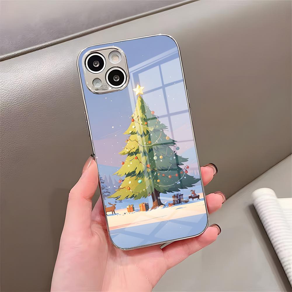 Чехол для телефона 'Рождественская елка' для IPhone 17 Pro Max 15 Pro 16 14 Plus 12 13 Mini 11 Pro Ударопрочный гальванизированный стеклянный чехол