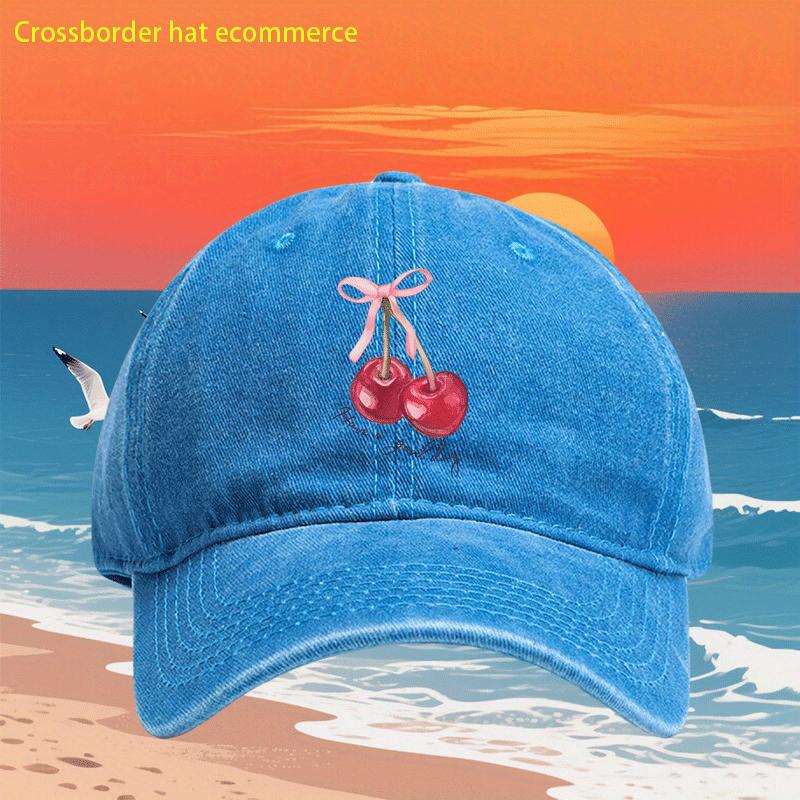 Cherry Bow Print Washed Baseball Cap Casual Polyester Adjustable Curved Brim Couple Hat