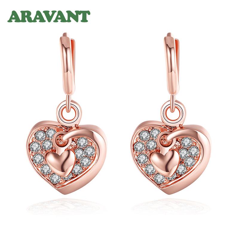 925 Silber Herz Aaa Zirkon Rose Gold Tropfenohrring für Frauen Hochzeit Schmuck Geschenke