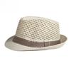Unisex Summer Straw Fedora Hat Hollow Out Mesh Crown Panama Trilby Cap Striped Band Sun Protection Beach Travel Jazz Hat