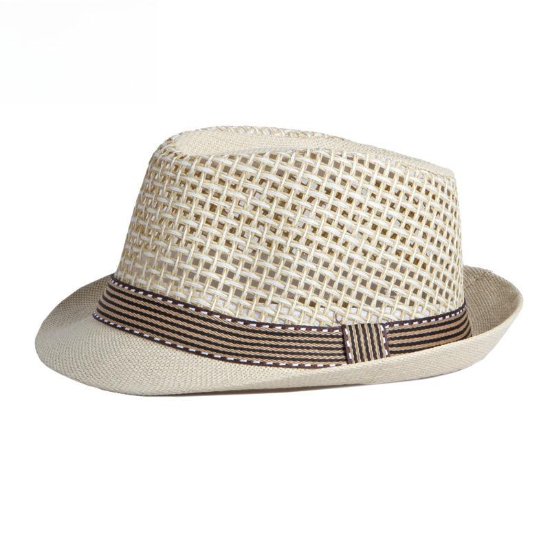 Unisex Summer Straw Fedora Hat Hollow Out Mesh Crown Panama Trilby Cap Striped Band Sun Protection Beach Travel Jazz Hat