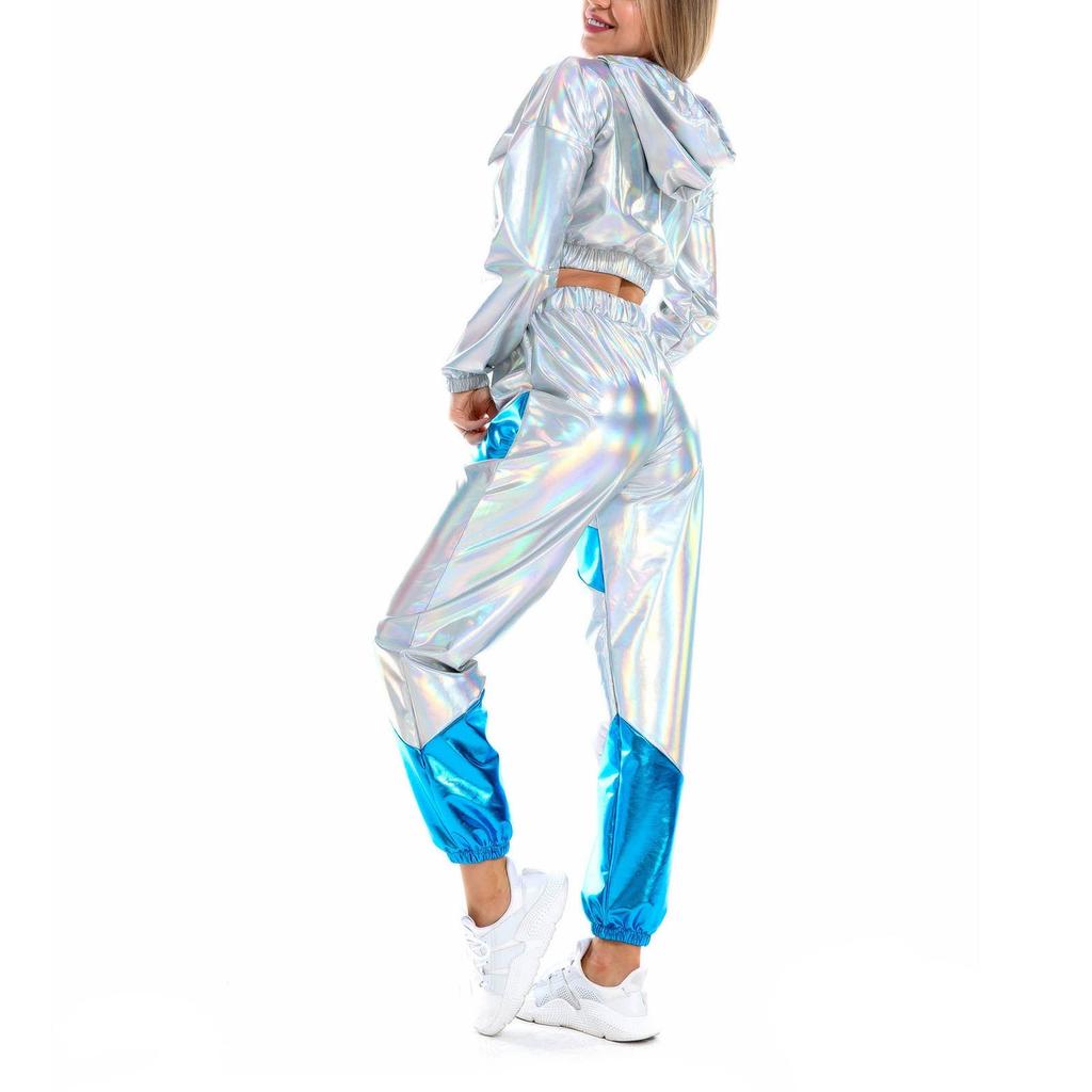 Kadın Parlak Pantolon Elastik Spor Pantolon Bol Eğlence Rahat Uzun Pantolon Eşofman Altı Koşu Altları Streç Tayt Parti Disko Clubwear