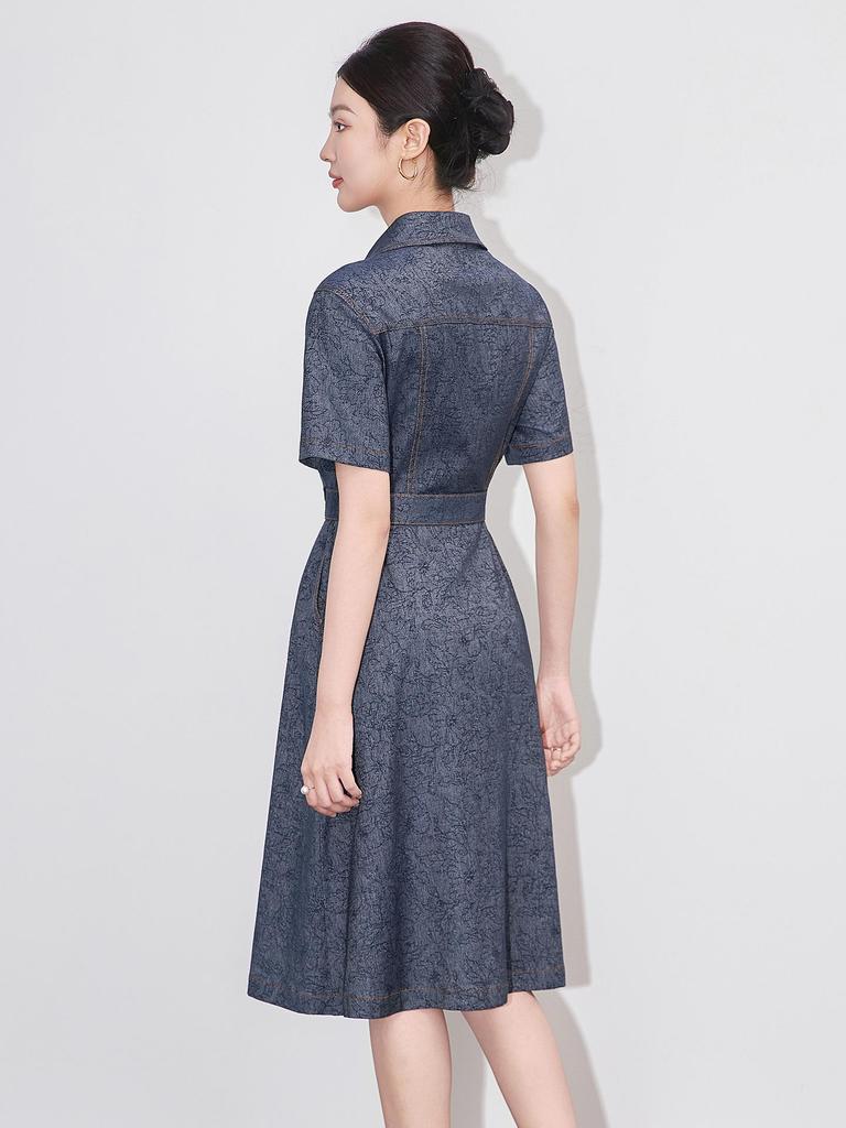Retro Jacquard Denim Slimming Mid-Length Dress for Women - Summer Style
