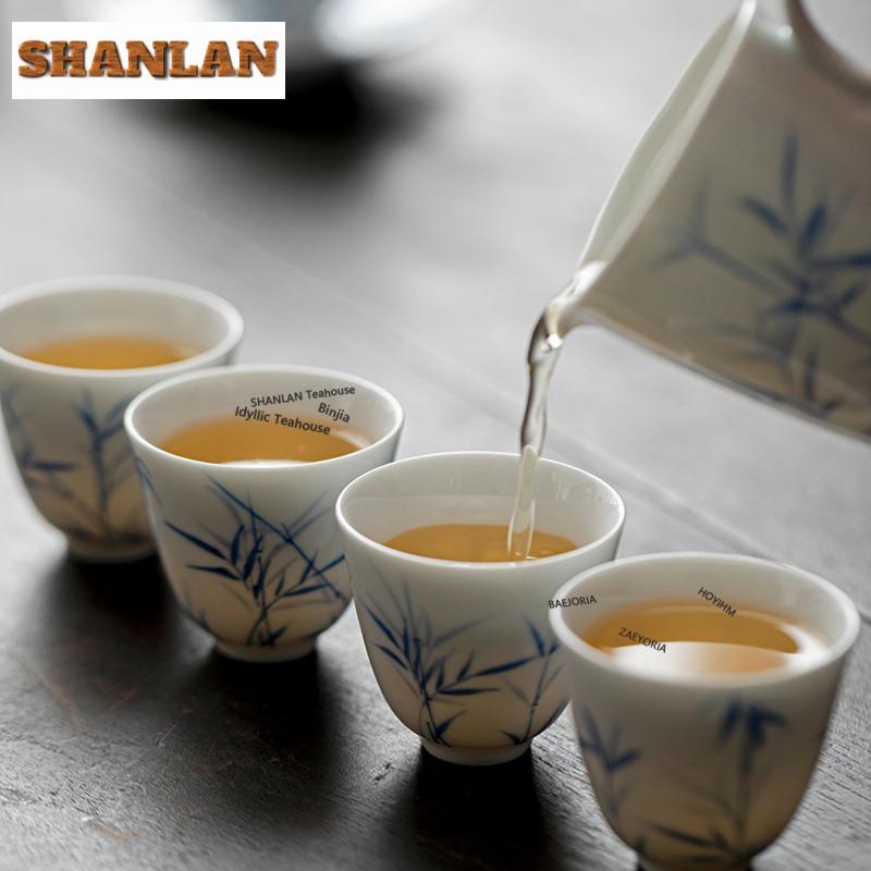 2pc/lot Blue And White Hand-painted Bamboo Teacup Traditional Tea Bowl Cute Cup Tea-tasting Smelling Cup Jianzhan Cups Gift 35ml