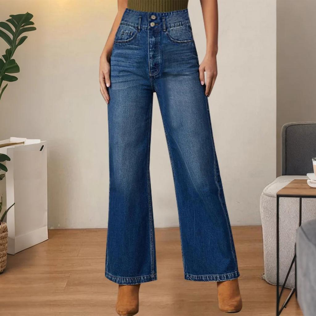 Damen Jeans mit hoher Taille und gewaschener Optik, modische, vielseitige Hose mit geradem Bein