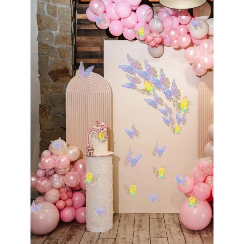 12Pcs/Set 3D Hollow Butterfly Wall Sticker Cake Decor Toppers Wedding Decor Living Room Home Decor Butterflies Stickers Gender Reveal Party Decor