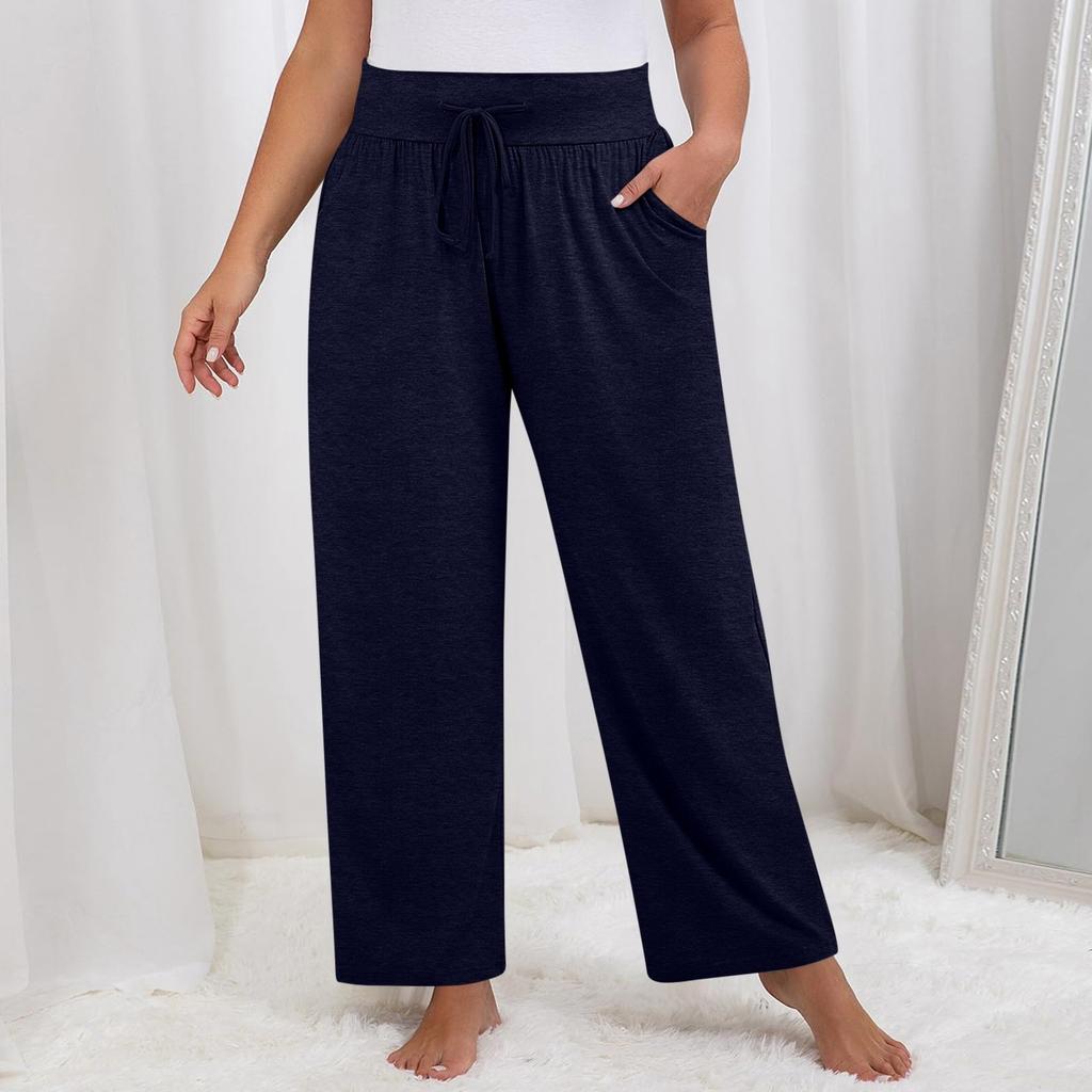 Damen Einfarbig Übergröße Weitbein Yoga Hose Locker Kordelzug Sporttasche Freizeit Hose