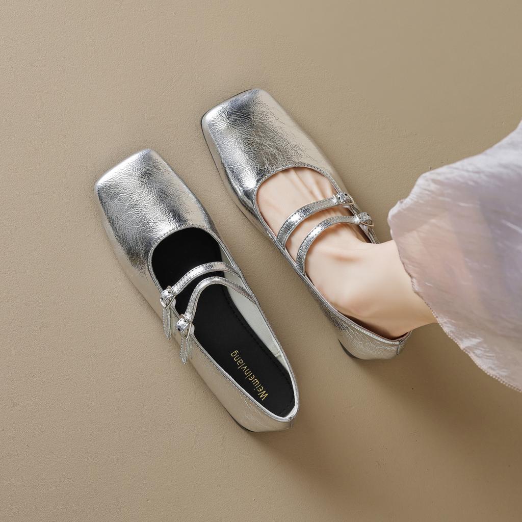 Weiwei Girl 8393-1 Square Head Single Shoes Women's Flat French One-word Belt Mary Jane Shoes Korean Version Soft-soled Women's Shoes