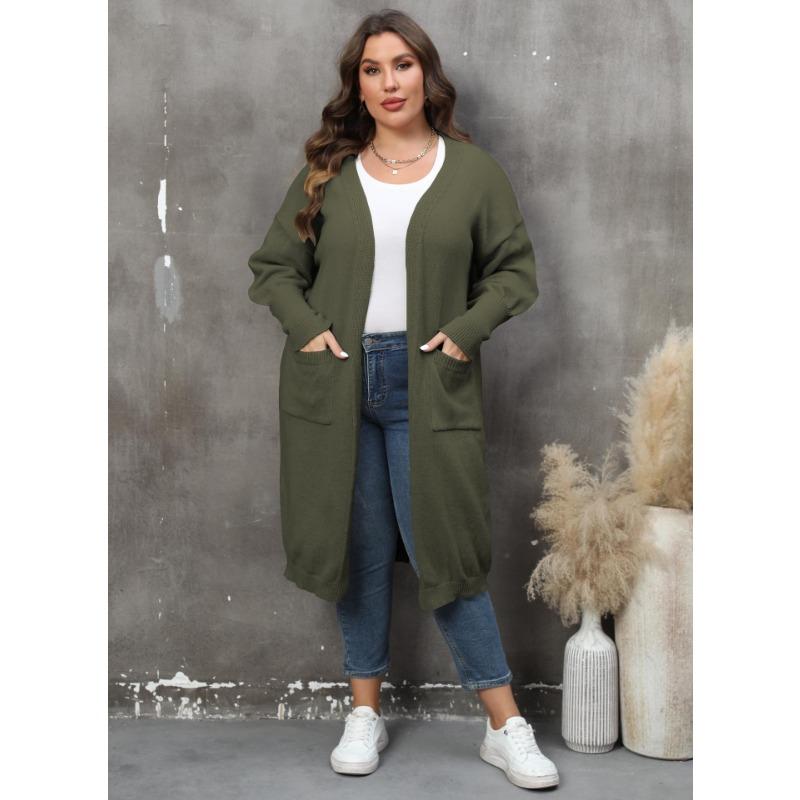 Damen Übergröße Locker Mittellang Laternenärmel V-Ausschnitt Doppeltasche Strick Cardigan Pullover