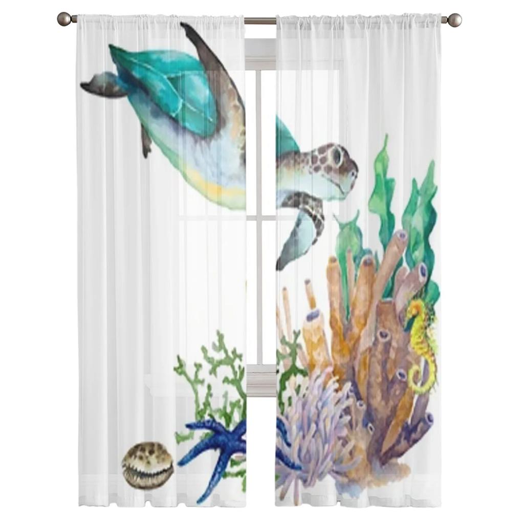 Sea Green Turtle Seahorse Starfish Sheer Curtains Bedroom Voile Curtain Living Room Window Sheer Curtains Kitchen Tulle Drapes