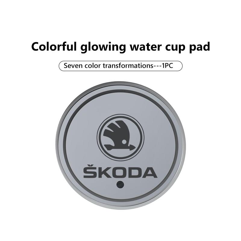 AAABS1 For Skoda Led Car Badge Emblem Drink Cup Holder Logo Light USB Charging Luminous Coaster Kodiaq Octavia 2 3 Rapid Karoq Fabia