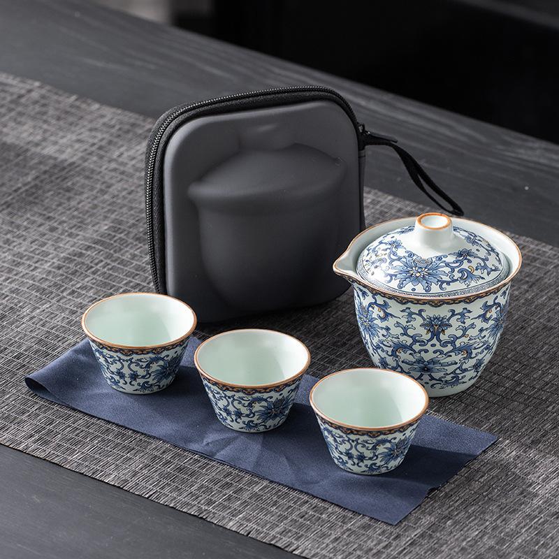 Dingyao blue and white travel tea set, one pot and three cups, outdoor portable set, light luxury business company commemorative gift
