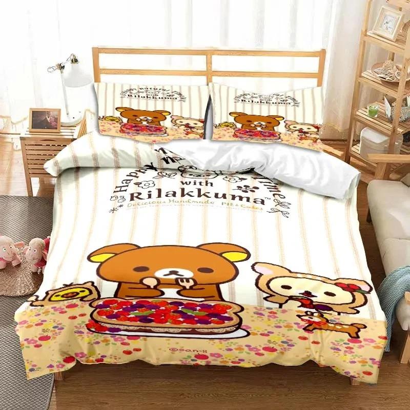 3dCartoon Rilakkuma Ayı Yatak Takımı Yorgan Kılıfı Yatak Takımı Yorgan Kılıfı Yastık Kılıfı Yorgan King Queen Boy Erkek Çocuk Yetişkin Yatak Takımı