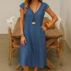 Casual Beach V Neck Short Sleeve A Line Sundress Women Summer Cotton Linen Midi Dress with Pockets