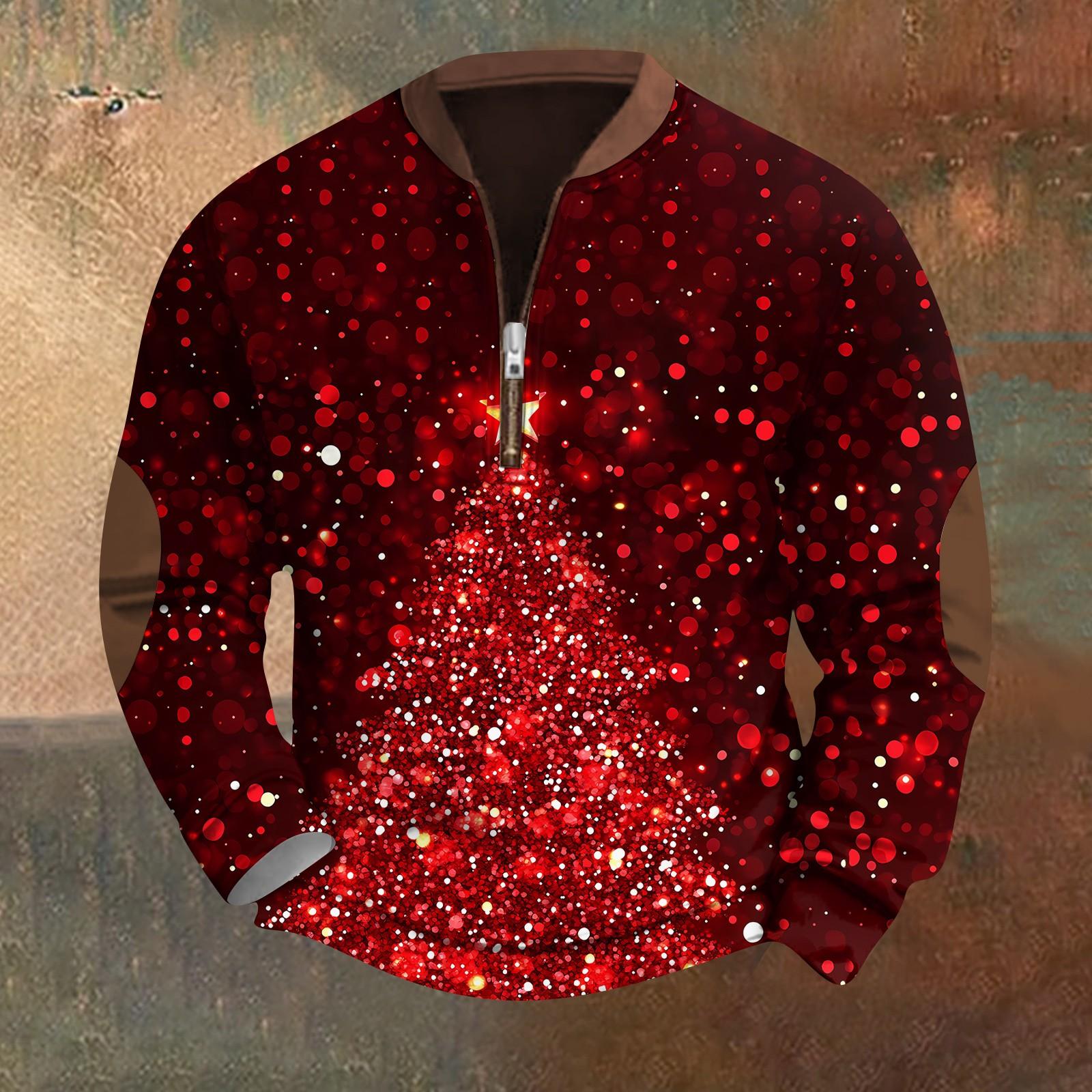 

Чоловічий модний повсякденний світшот з різдвяним принтом і довгим рукавом із застібкою-блискавкою XL винний