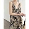 Ink Print V-neck Halter Dress Summer Lazy Style Long Floral Dresses