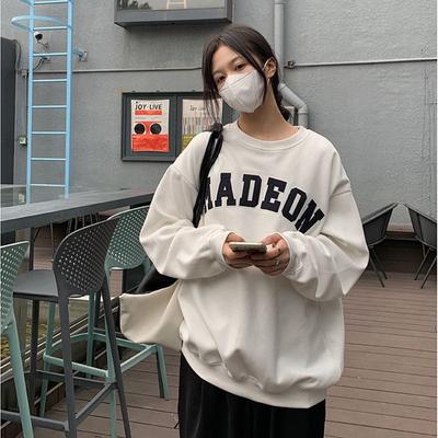 Autumn Winter Ladies Letter Print Round Neck Hoodie Women's Long Sleeve Oversize Loose Retro Pullover Sweatshirt Top