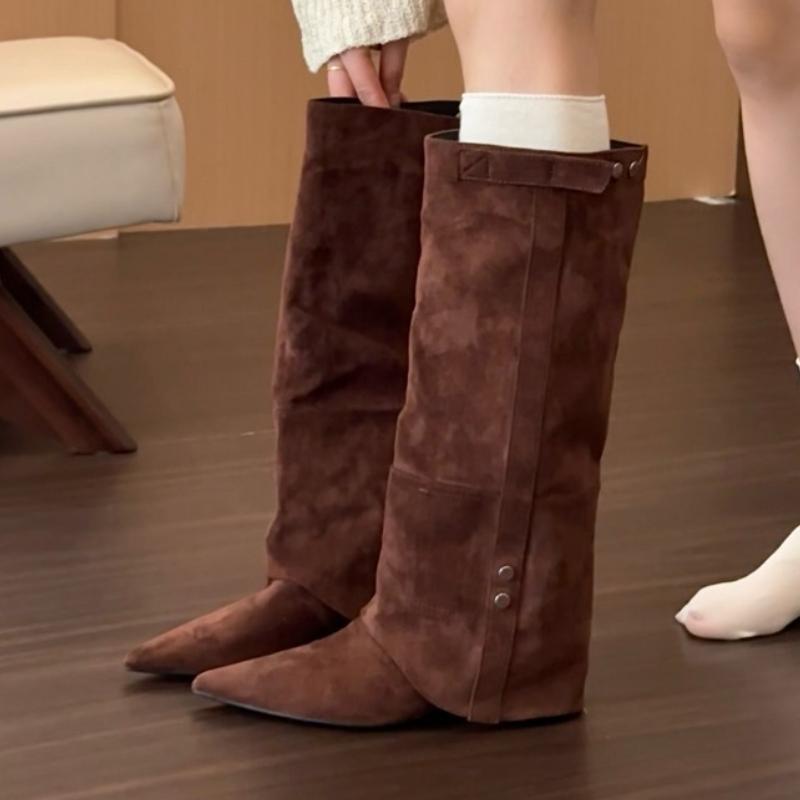 

Элегантные женские высокие сапоги из замши с острым носком на каблуке, сексуальные вечерние сапоги-гладиаторы до колена, платье, женские ботильоны 43 темно-коричневого